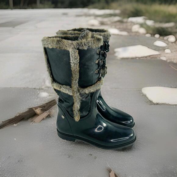 STUART WEITZMAN Rebooting Faux Fur Trim Rain Boot US 8.5 Black Midcalf Boots - Picture 1 of 15
